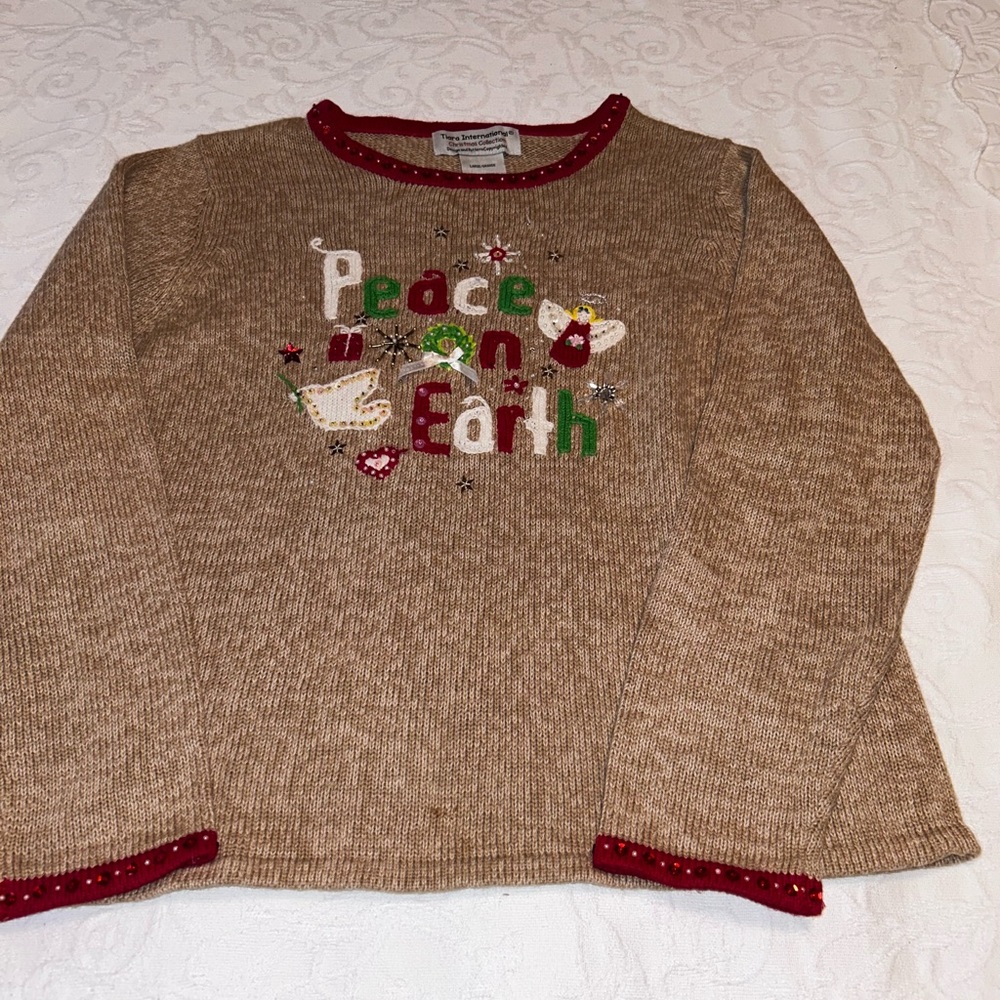 Tiara International Christmas collection embellished peace on earth sweater lg